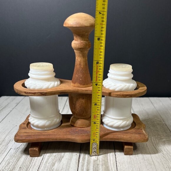 Vintage Milk Glass Salt and Pepper Shakers Rope Design with Wooden Stand - Picture 3 of 4